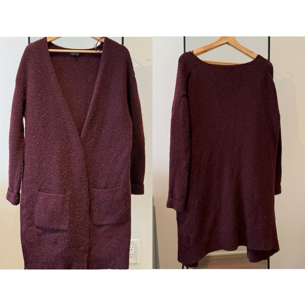 Topshop Burgundy Oversized Cardigan with Pockets, Drop Shoulder, UK 6, Cozy Knit